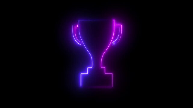 Neon world cup champions trophy prize isolated on black background. Animation of bright neon cricket cup and football world cup icon background.