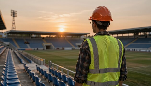 Stadium construction worker observing field at golden hour, ready for next phase