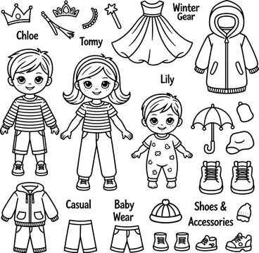 Black and White Outline of Children and Clothing Cutouts