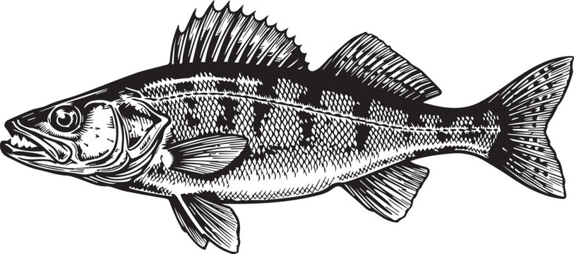 A black and white illustration of a walleye fish isolated on white background