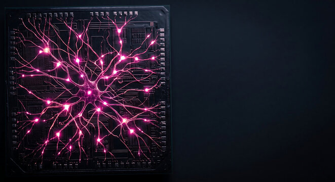 Artificial intelligence neural network on computer chip, glowing pink brain neurons on dark circuit board, futuristic digital synapse technology concept