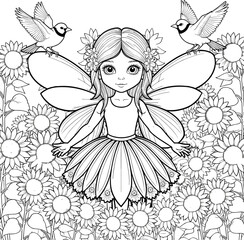 Whimsical fairy surrounded by sunflowers and birds in a line art style 