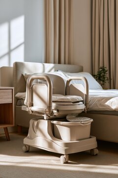 Quiet home bedroom featuring a portable bedside commode for dignity and safety