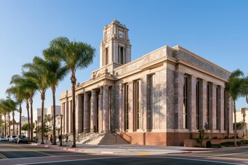 Obraz premium Sunlit municipal building facade in Fullerton with palm-lined street