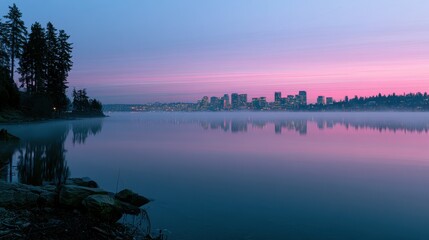 Fototapeta premium Winter evening on Mercer Island reveals the Bellevue cityscape across the lake
