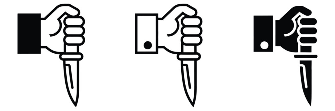 Hand holding dagger and tactical knife icons for survival, combat, security, emergency equipment and protective symbol applications
