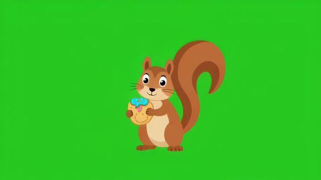 Cute cartoon squirrel holding ice cream during summer day animation on green screen