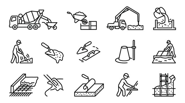 Clean Black and White Line Drawing Icons of Construction Equipment and Manual Labor Processes with high quality professional line art symbols for modern creative design and digital branding projects