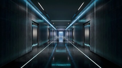 Fototapeta premium Luxury dark corridor with cyan neon light accents – Suitable for high-tech office concepts, luxury automotive branding, or web design.