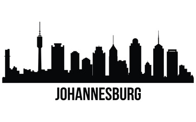Fototapeta premium Johannesburg skyline silhouette graphic featuring the prominent cityscape architecture, skyscrapers, and bold city name text below for South African urban tourism branding