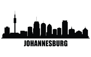 Obraz premium Johannesburg skyline silhouette graphic featuring the prominent cityscape architecture, skyscrapers, and bold city name text below for South African urban tourism branding