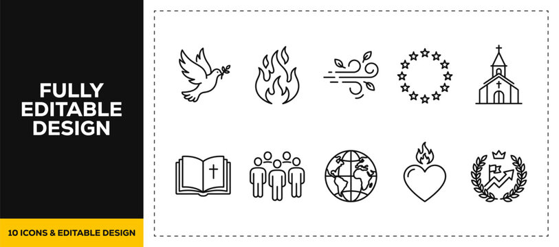 flat vector illustration line art icon bundle set design highlighting christian religion faith holy spirit doves burning hearts churches and catholic cross graphics web UI