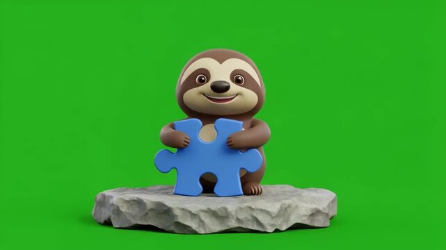 Cute sloth character assembling jigsaw puzzle against vibrant green screen background