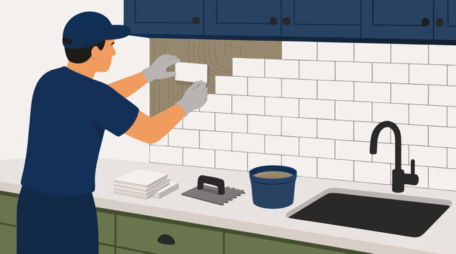 Professional contractor installing white subway tile backsplash in modern kitchen renovation, skilled worker placing ceramic tiles with precision tools and adhesive in contemporary home improvement