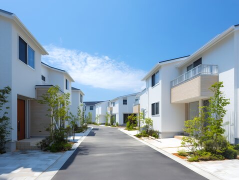 青空の下に立ち並ぶ新築一戸建て住宅街の美しい街並みと不動産イメージ