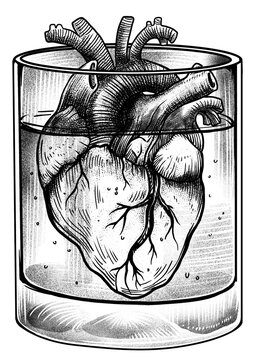 Detailed Etching of a Human Heart Submerged within a Glass of Water, a Dark Surrealist