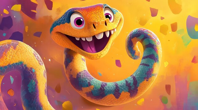 A cheerful, colorful cartoon snake with large eyes and teeth smiles against a vibrant confetti background.