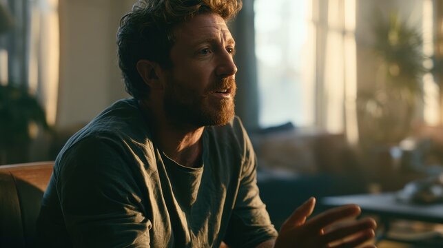 Portrait of a man with Tourette syndrome showing tics in a calm home setting