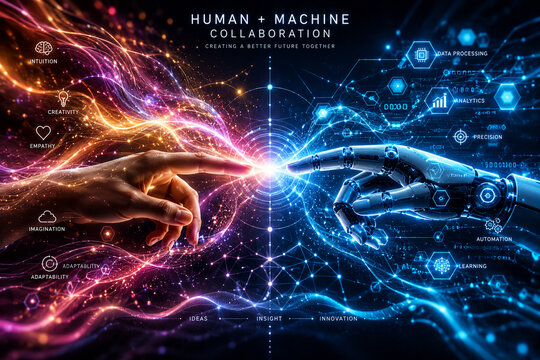 Human and machine collaboration concept showing digital connection between biological hand robot.