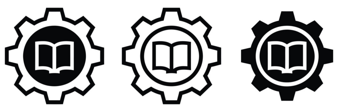 Book in gear icon for learning progress, documentation, technical manual, education platform, configuration process and knowledge management graphics