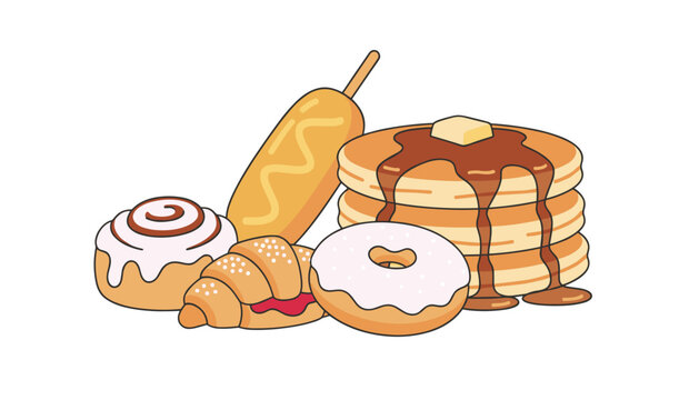 Selection of delicious breakfast pastries including pancakes with syrup a donut a croissant and a corn dog for food photography themes.