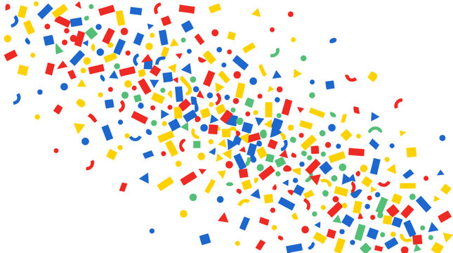 Vibrant vector illustration of joyful multicolored confetti scatter in primary colors red blue yellow green tumbling dynamically across clean white space for celebration party and festive graphic