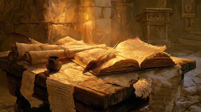 Illustration of ancient prophetic scrolls and candlelit study for Isaiah theme