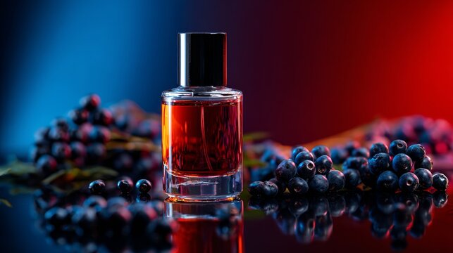 Luxury Perfume Bottle with Dark Berries and Dramatic Lighting