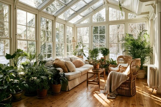 Sunlit winter sunroom interior with potted plants, wooden floor, and snowy exterior