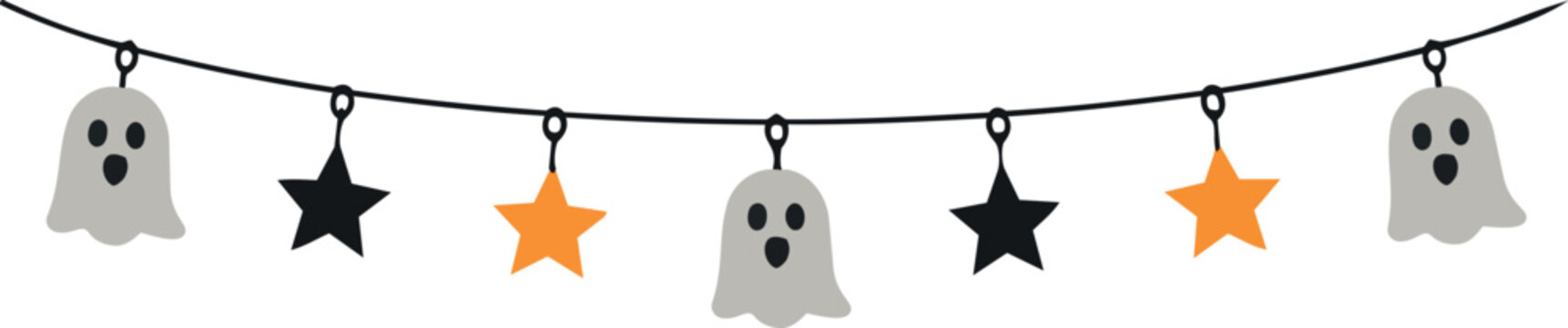 Halloween garland featuring friendly ghosts and black and orange stars hanging on a string, isolated