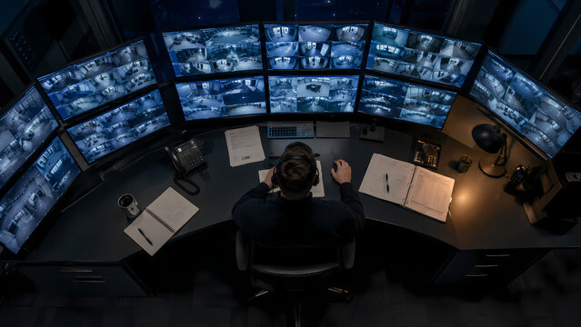 CCTV monitoring desk with guard at night
