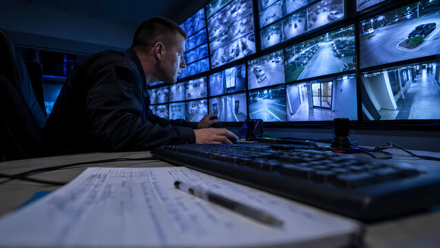 Security control room with guard and surveillance monitors
