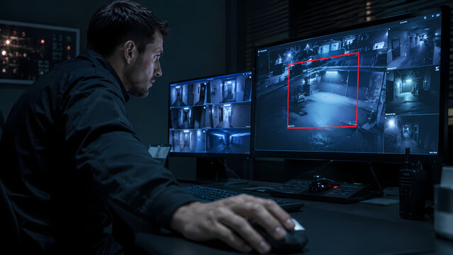Night security guard watching camera screens