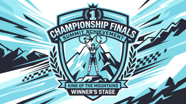 Victory Champion Cyclist Holds Bike Above Head On Mountain Summit Winners Stage