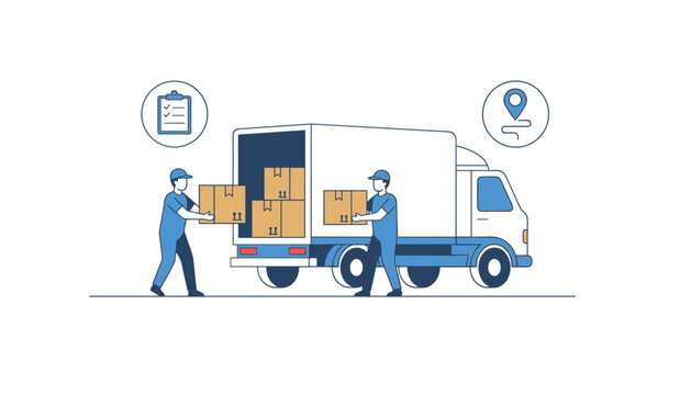 Delivery workers loading cardboard boxes into the back of a cargo truck for shipping and logistics services with clipboard and map pin icons.