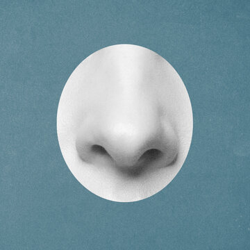 Abstract collage illustration of human nose appearing in a circular frame against a teal background, symbolizing the sense of smell. Grunge, noise and motion blur effect applied