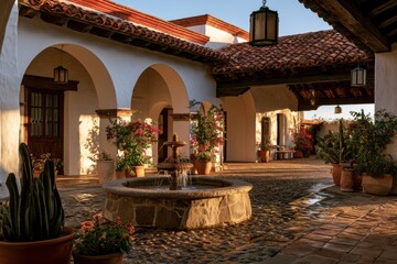 Fototapeta premium Historic estate courtyard in a traditional Mexican hacienda featuring stucco walls and lantern-lit arches