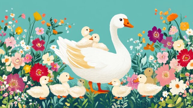 Mother goose with goslings amidst colorful wildflowers in a vibrant garden.