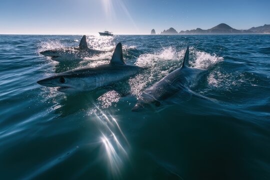 Swift mako sharks cutting through sunlight on the ocean near Cabo San Lucas
