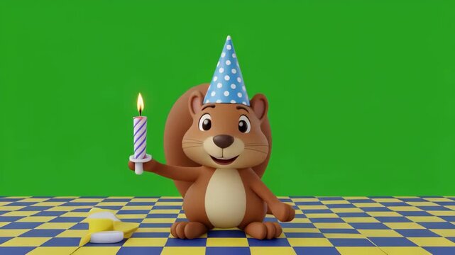 Cute squirrel in party hat holding candle during celebration with checkered floor