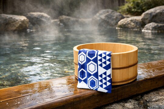 日本の美しい温泉宿露天風呂で湯けむりが立ち上る木桶とタオル