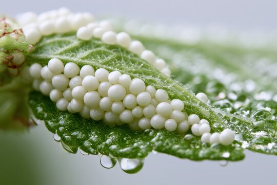 Macro close-up of silkworm eggs on a mulberry leaf in natural light