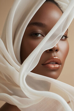 Beautiful African American woman face closeup with sheer white fabric waving