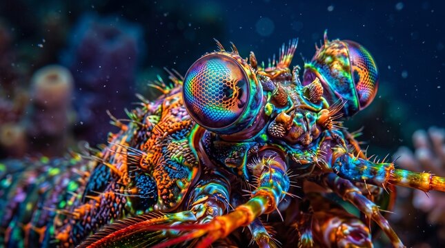 Colorful peacock mantis shrimp macro close up underwater in the deep dark ocean.