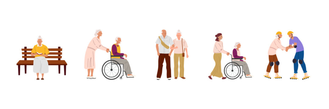 Activity in old age. Vector illustration. Perfect for healthy aging banner, senior lifestyle poster, retirement community flyer