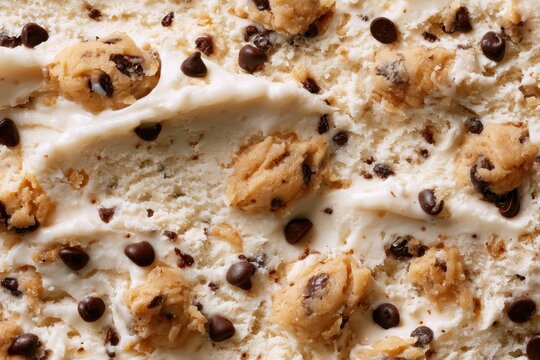 Macro view of vanilla ice cream with cookie dough chunks and chips filling the frame