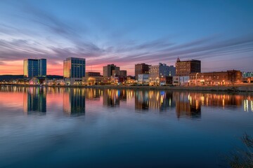 Fototapeta premium Joplin, Missouri cityscape at sunset with reflections on the river