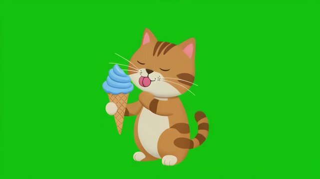 Cute ginger kitten eating ice cream during summer with green screen background