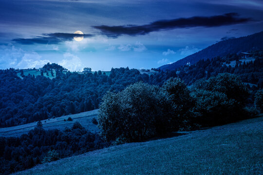 countryside mountain landscape of ukraine at night. full moon over rural fields and forested hills. mysterious place of mizhhirya district in transcarpathia for summer vacations