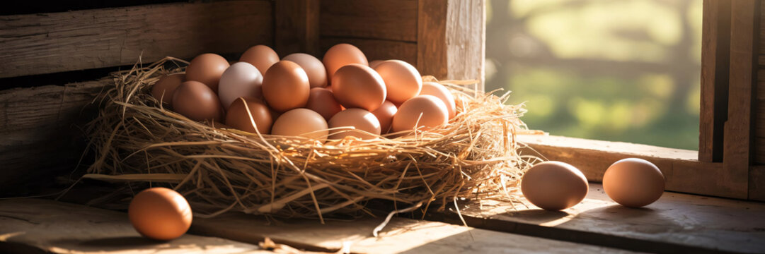 Freshly laid brown eggs resting in a straw nest inside a rustic wooden barn